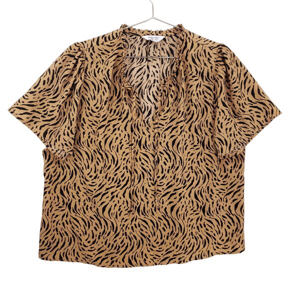 Nine West Blouse Womens Extra Large Tan Black Geometric Ruffle Neck Front Tie - Picture 1 of 10